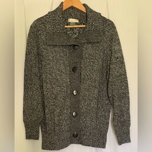 Allison Daley - Heathered Black / White Knit Collard Button Up Cardigan Sweater
